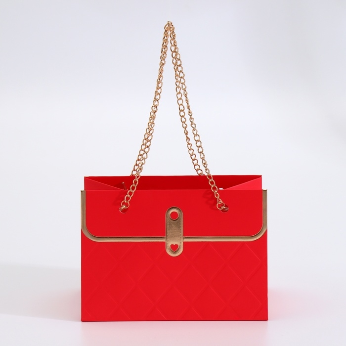 Пакет для цветов, ручка цепь, "Красный", с золотым тиснением, 15 х 10,5 х 10 см