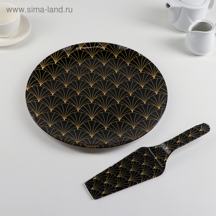 Тортовница стеклянная с лопаткой Доляна &laquo;Золотое перо&raquo;, d=30 см, лопатка 26,5&times;7 см, цвет чёрный