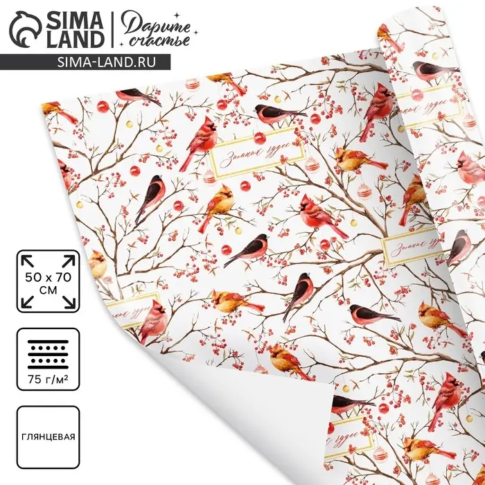 Упаковочная бумага на новый год &laquo;Птицы на ветвях&raquo;, 50 х 70 см, глянцевая
