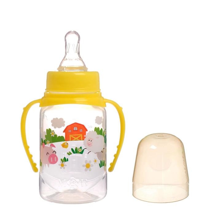 Бутылочка для кормления &laquo;Весёлая ферма&raquo;, классическое горло, от 0 мес, с ручками, 150 мл., от 0 мес, цвет жёлтый