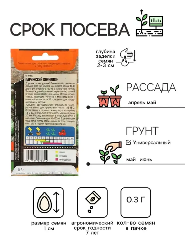 Семена Огурец "Парижский корнишон" раннеспелый, пчелоопыляемый, 0,3 г