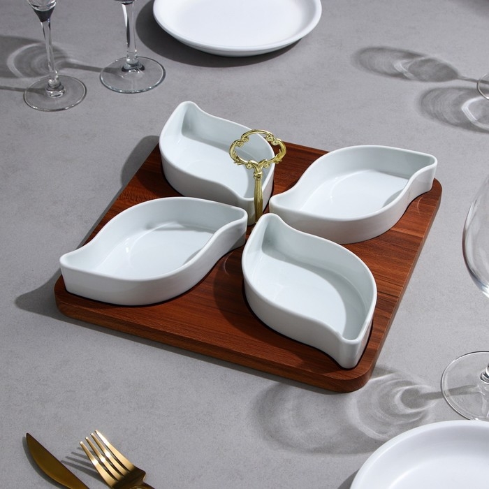 Менажница &laquo;Королевская сервировка&raquo;, 4 шт:300 мл, деревянное основание, фарфор, Иран