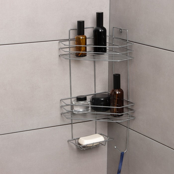 Полка угловая с мыльницей и вешалкой 2-х ярусная, 25,5&times;42,5 см, цвет хром
