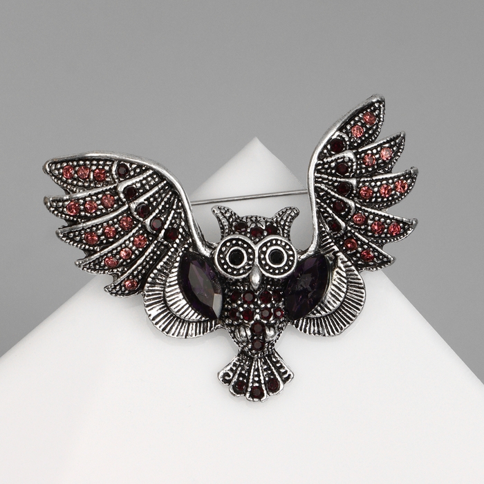 Брошь &laquo;Сова&raquo;, цвет фиолетовый в чернёном серебре
