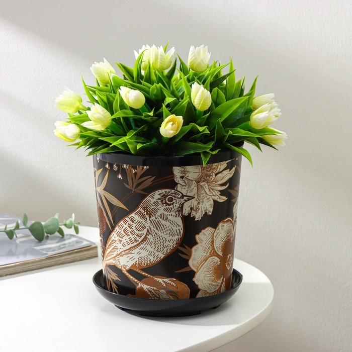 Горшок для цветов с поддоном Доляна &laquo;Голди.Птицы&raquo;, 1,6 л, d=14 см, h=15,5 см, цвет чёрный