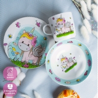 Набор детской посуды из керамики Доляна &laquo;Единорожка&raquo;, 3 предмета: кружка 230 мл, миска 400 мл, тарелка d=18 см