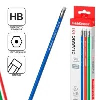 Карандаш чернографитный с ластиком ErichKrause "Classic 101", HB, грифель d=2.2 мм, пластик, шестигранный в коробке, микс