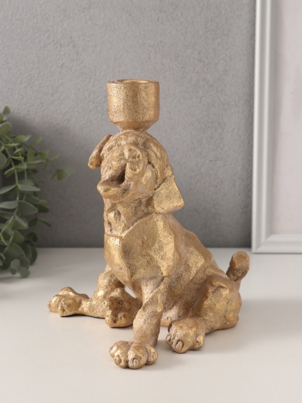 Подсвечник полистоун на 1 свечу "Шарж. Зевающий щенок" золото 15,8х15,3х20 см