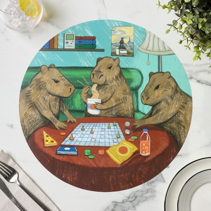 Салфетка кухонная круглая &laquo;Капибары. Настольные игры&raquo;, 2 шт, настольное покрытие, d=36 см