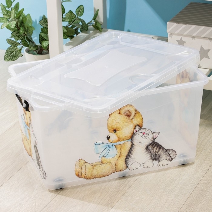 Контейнер для хранения на колёсиках &laquo;Мишка и котёнок&raquo;, 50 л, 60&times;38&times;31 см, прозрачный