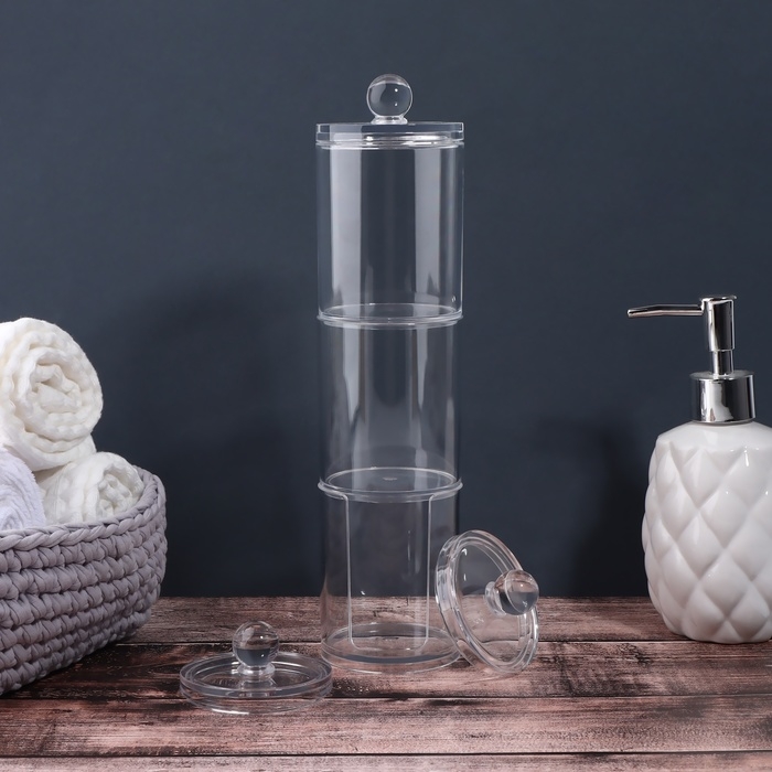 Органайзер для ватных палочек и дисков, с крышкой, 3 секции, 29 &times; 7 &times; 7см, в картонной коробке, цвет прозрачный