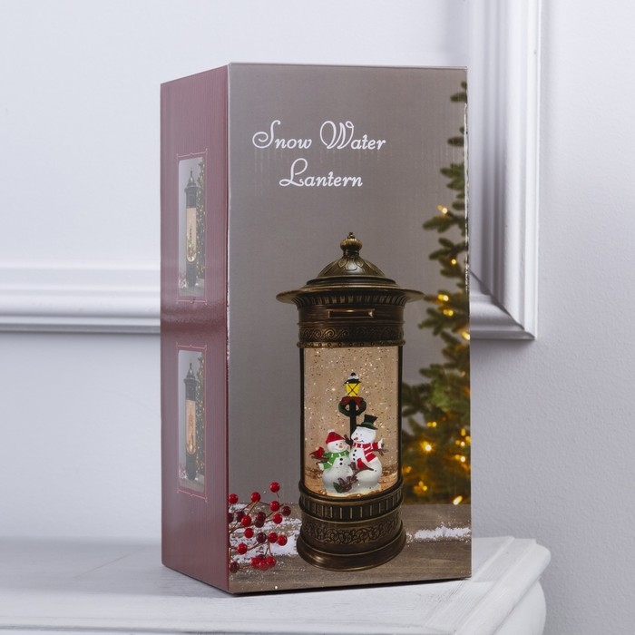 Светодиодная фигура &laquo;Фонарь со снеговиками&raquo; 14 &times; 27 &times; 14 см, пластик, батарейки ААх3 (не в комплекте), USB, свечение тёплое белое