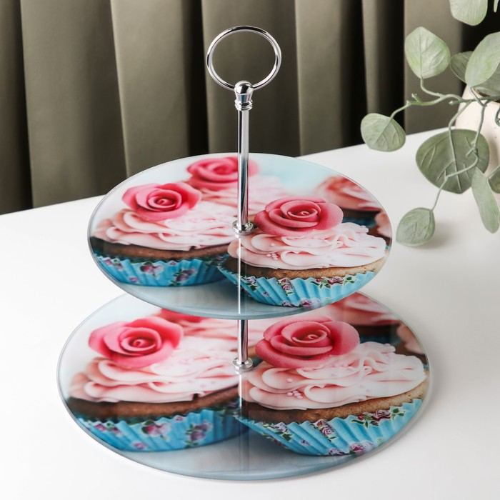 Этажёрка - фруктовница круглая Доляна &laquo;Маффин&raquo;, 2 яруса, d=25/20 см, стекло