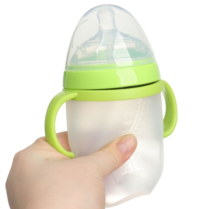 Бутылочка для кормления M&B, ШГ &Oslash;70мм, от 6 мес, 250мл, с ручками, силиконовая колба, цвет зеленый