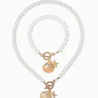 Набор 2 пред-та: бусы.браслет "Жемчуг", ракушка вонголе, цвет белый в золоте L=18/42см №8