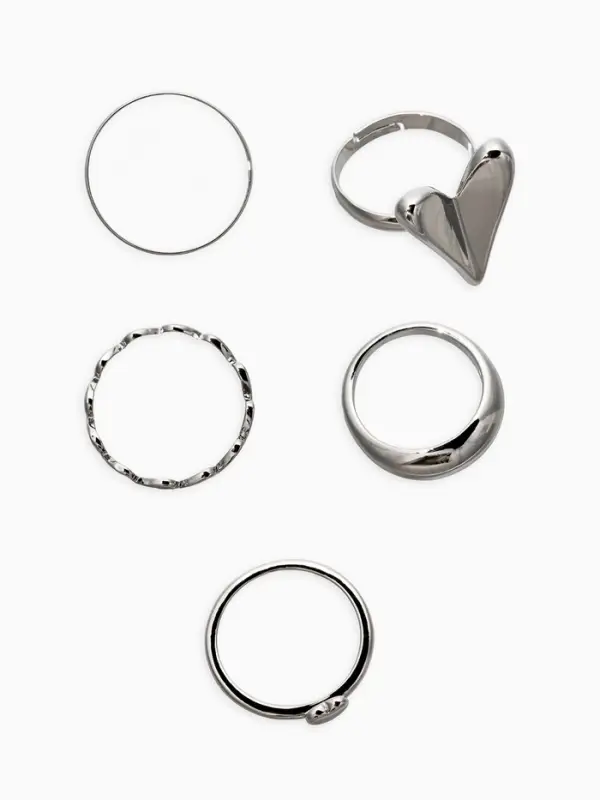 Набор колец 5 шт "Новый стиль" сердечки, размер МИКС, цвет серебро