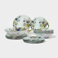 Столовый сервиз Доляна &laquo;Букет незабудок&raquo;, 19 предметов: салатник 1 шт, тарелка десертная 6 шт, тарелка обеденная 6 шт, тарелка суповая 6 шт, стекло, рисунок