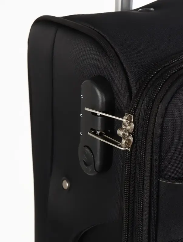 Чемодан 20",Текст,36*25*58,отд на молнии,1 нар/карм, увелич,код замок,4 колеса, черный