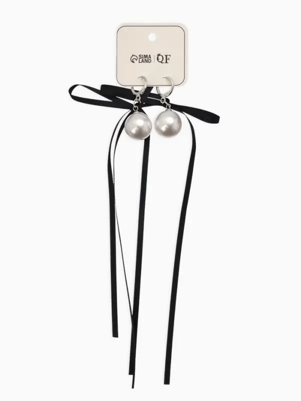 Серьги жемчуг "Бусина с бантиком", №16, цвет бело-чёрный в серебре