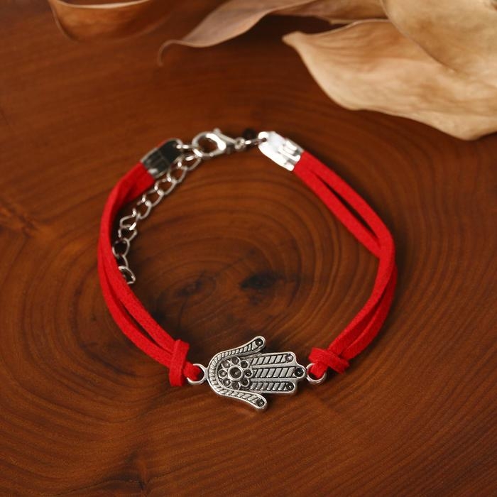 Браслет-оберег &laquo;Красная нить&raquo; талисман защиты, рука Хамса классическая, цвет чернёное серебро, 18 см