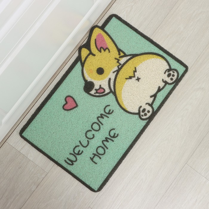 Коврик придверный грязезащитный Доляна &laquo;Корги&raquo;, 40&times;60 см, цвет зелёный