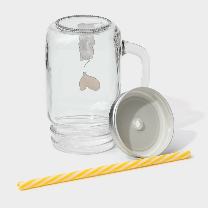 Кружка стеклянная с крышкой и трубочкой Доляна &laquo;Медведь&raquo;, 450 мл, 10&times;7,5&times;13 см