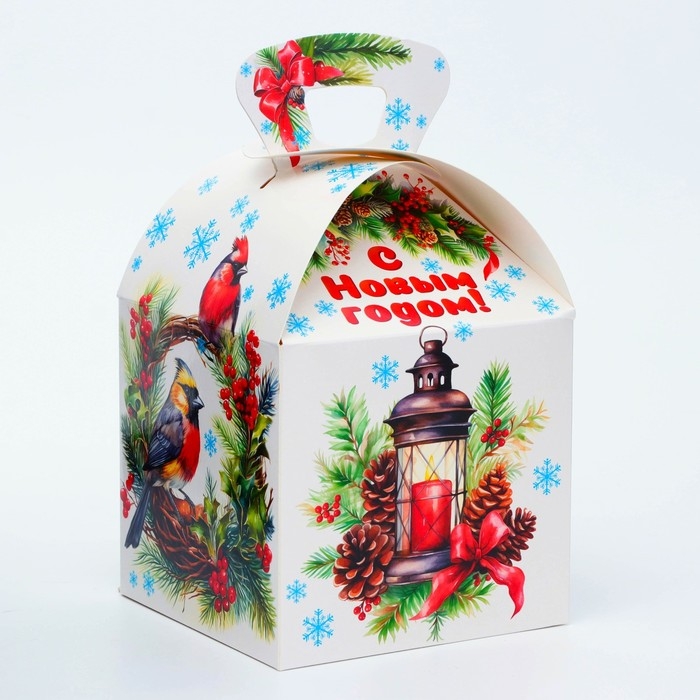 Новый год. Подарочная коробка Новогодняя КУБ МАКСИ "Еловый венок" 15 х 15 х 19 см.