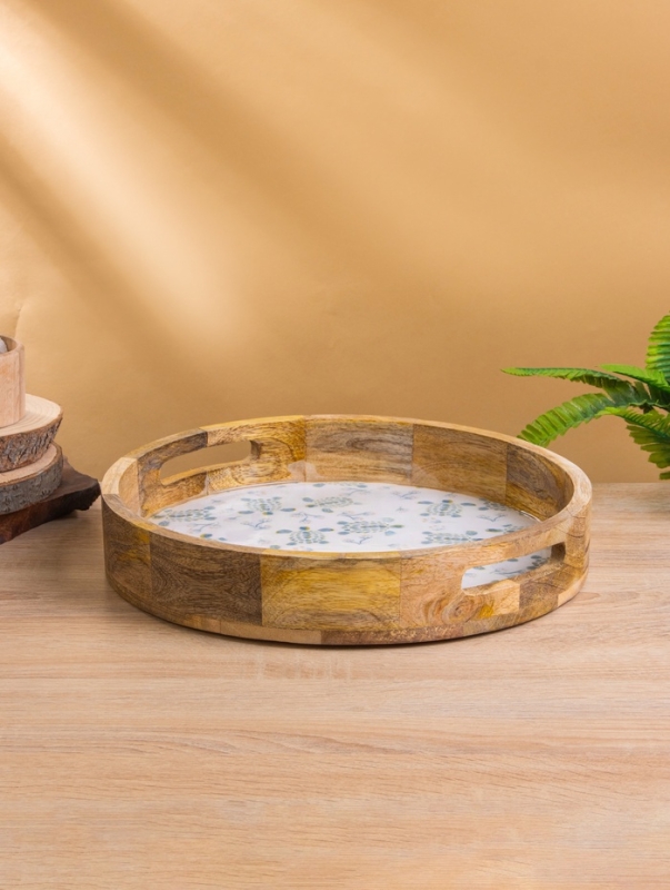 Поднос круглый с бортиками "Черепаха и цветы" дерево манго 35х35х6,5 см