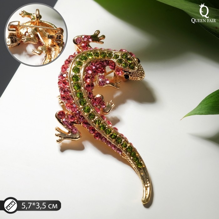 Брошь &laquo;Ящерица&raquo; тропическая, цвет розово-зелёный в золоте