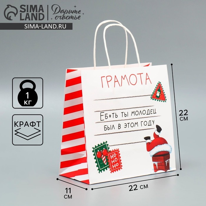 Пакет подарочный новогодний крафтовый &laquo;Молодец&raquo;, 22 х 22 х 11 см, Новый год