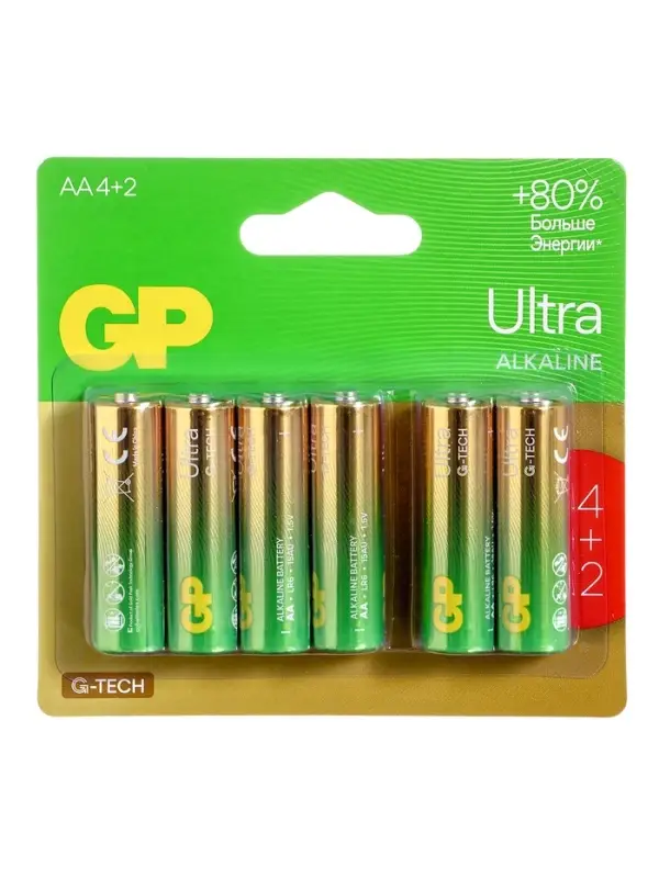 Батарейка алкалиновая GP Ultra, AA, LR6-6BL, 1.5 В, технология G-Tech, блистер, 6 шт.