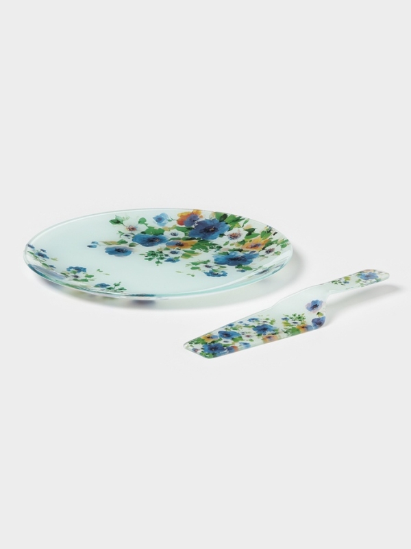Тортовница с лопаткой Доляна &laquo;Букет незабудок&raquo;, 2 предмета: блюдо d=30 см, лопатка 26,5&times;7&times;2 см, стекло, рисунок
