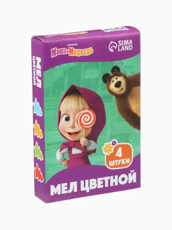 Мелки цветные школьные, 4 шт. &laquo;Маша и медведь&raquo;, прямоугольные