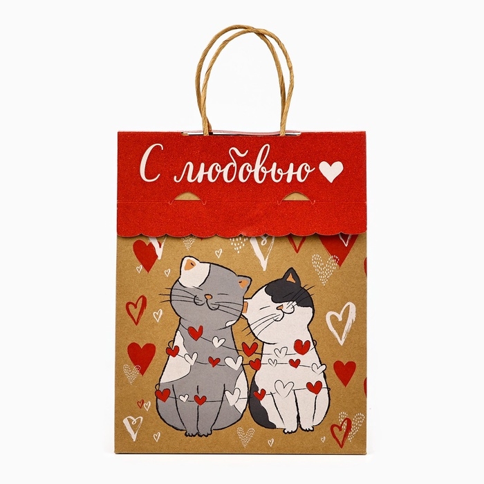 Пакет с клапаном &laquo;С любовью&raquo;, сердца, крафт, глиттер, 19,5 &times; 10 &times; 25.2 см