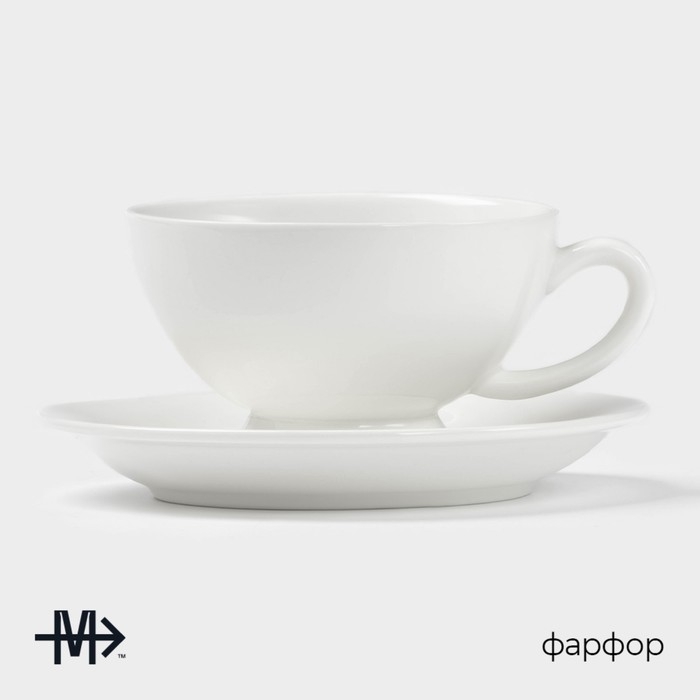 Чайная пара фарфоровая Magistro &laquo;Бланш&raquo;, 2 предмета: чашка 250 мл, блюдце d=15,5 см, цвет белый