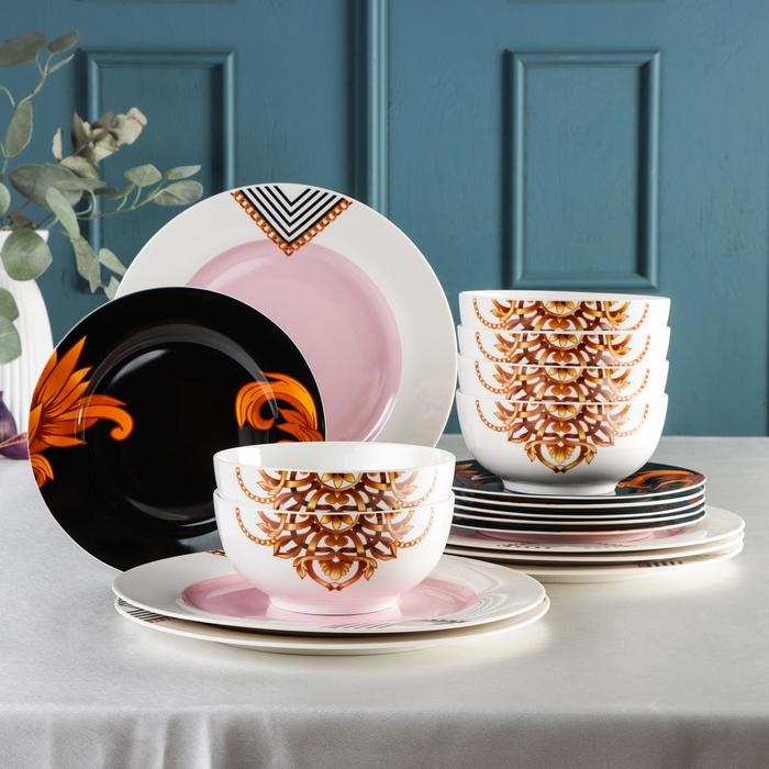 Набор тарелок фарфоровых Magistro &laquo;Миледи&raquo;, 18 предметов: 6 тарелок d=20 см, 6 тарелок d=25 см, 6 салатников 800 мл