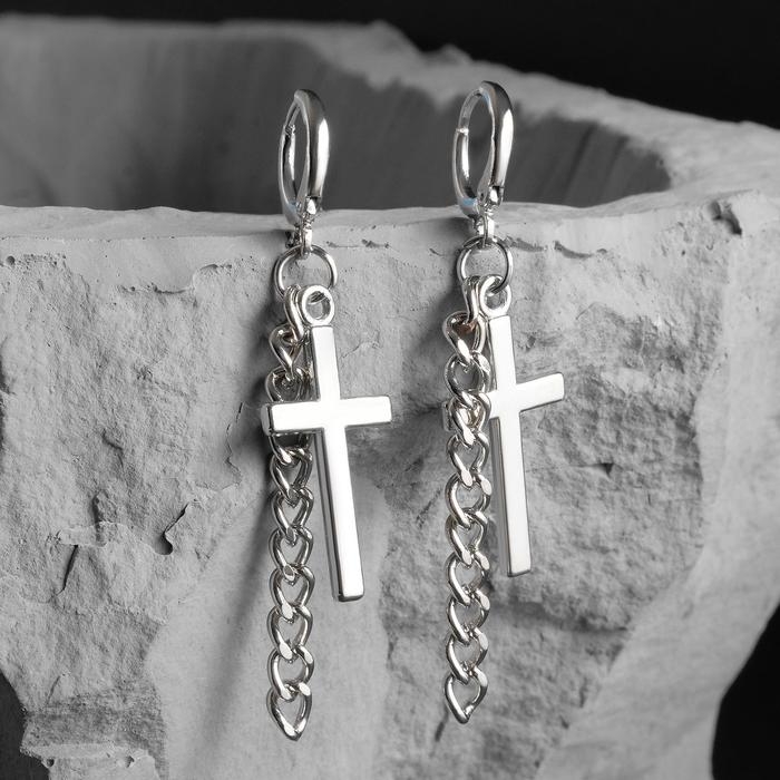 Серьги металл &laquo;Крест и цепочка&raquo;, цвет серебро