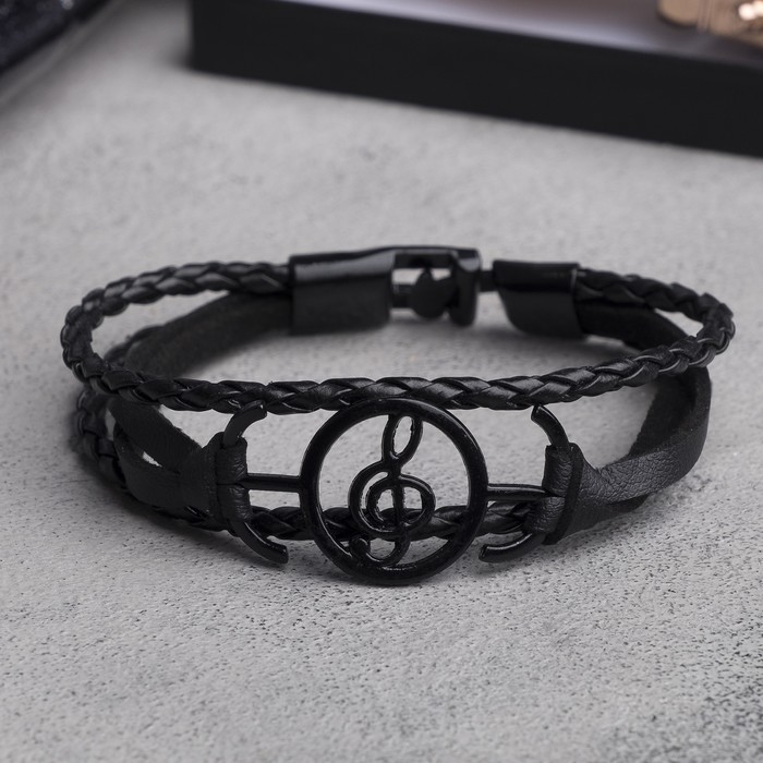 Браслет кожа &laquo;Коса двойная&raquo; нота, цвет чёрный в чёрном металле, L=21 см