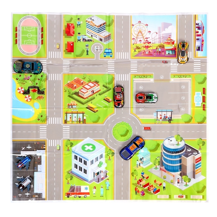 Набор машинок &laquo;Безумные гонки&raquo;, металлические, инерция, игровой коврик, в детском ящике на колёсах с крышкой, 50 шт.