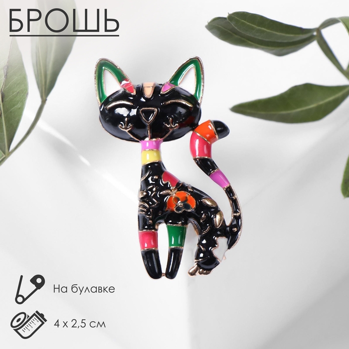 Брошь &laquo;Кошка&raquo; расписная, цвет чёрный в золоте