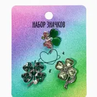 Броши "Клевер" (набор 3шт), цвет зелёный в серебре