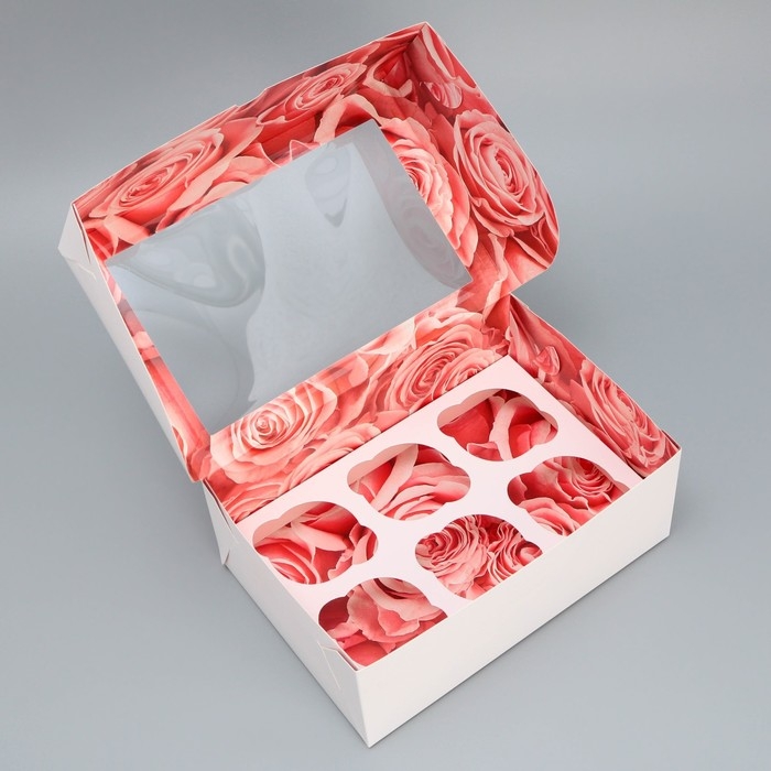Коробка для капкейков, кондитерская упаковка двухсторонняя, 6 ячеек &laquo;Розы&raquo;, 25 х 17 х 10 см