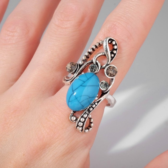 Кольцо &laquo;Бирюзовый мир&raquo; овал в ажуре, цвет коричнево-голубой в чернёном серебре, безразмерное