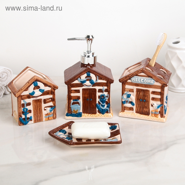 Набор аксессуаров для ванной комнаты Доляна &laquo;Маяк&raquo;, 4 предмета (дозатор 400 мл, мыльница, 2 стакана), цвет коричневый