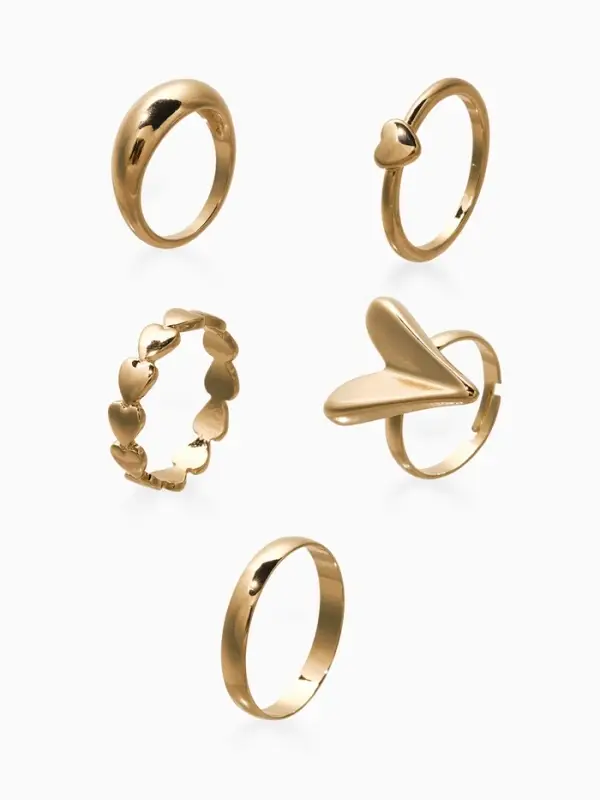 Набор колец 5 шт "Новый стиль" сердечки, размер МИКС, цвет золото
