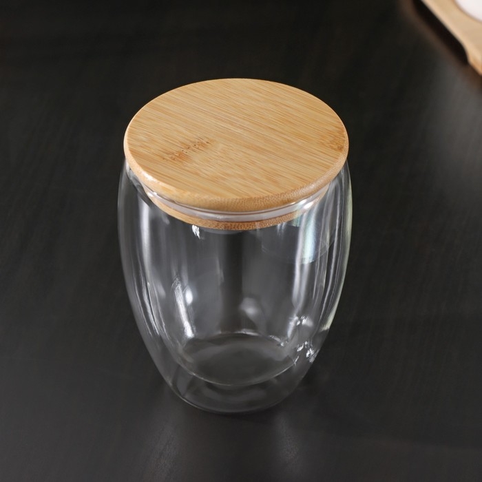 Стакан стеклянный с двойными стенками и бамбуковой крышкой BellaTenero &laquo;Эко&raquo;, 330 мл