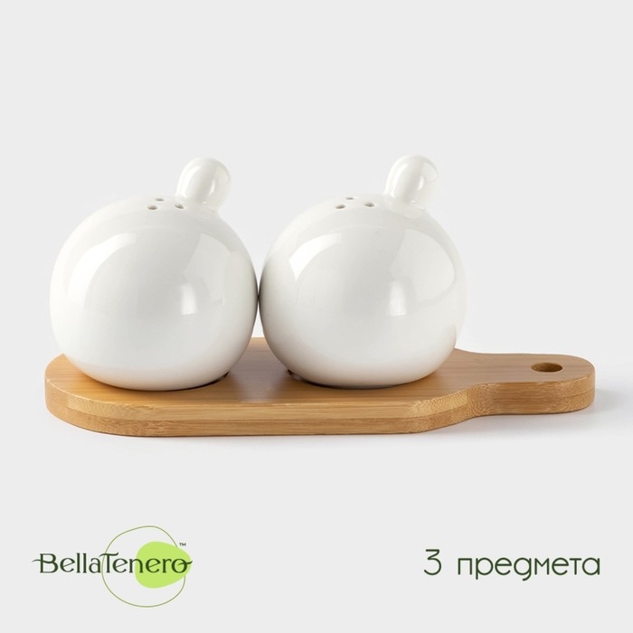 Набор фарфоровый для специй на бамбуковой подставке BellaTenero &laquo;Шарики&raquo;, 2 предмета: солонка 100 мл, перечница 100 мл, цвет белый