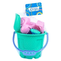 Песочный набор: ведро 1,2 л, лопатка,грабли,4 формочки, лейка 0,2 л, бирюзово-розовый