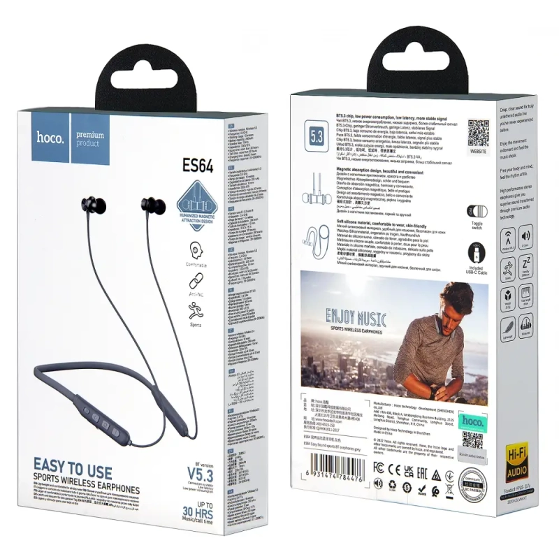 Гарнитура ES64 Bluetooth Sport Wireless Earphones HOCO серая