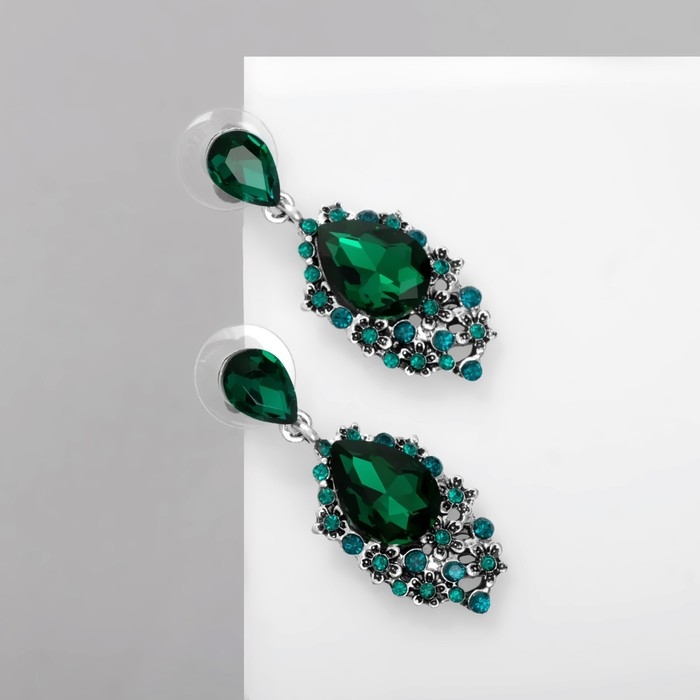 Серьги со стразами &laquo;Карнавал&raquo; шик, цвет зелёный в чернёном серебре